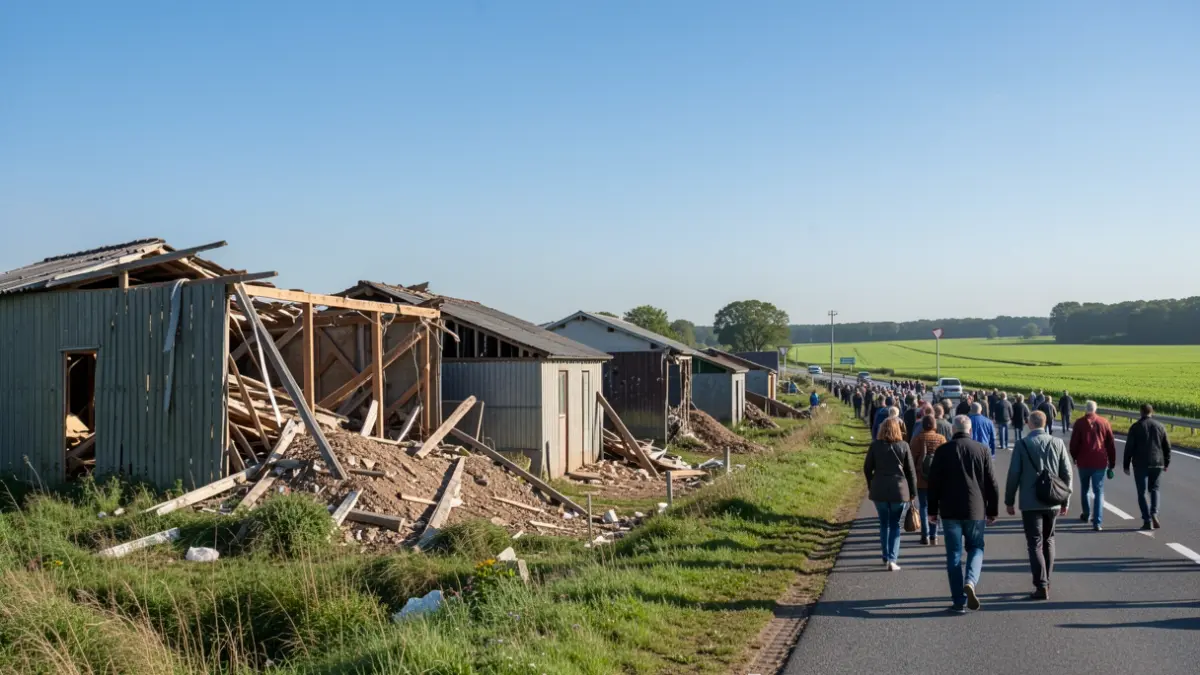 Generieke afbeelding van de sloop van oude schuurtjes naast een snelweg in Vlaanderen, met een blauwe lucht en groene velden op de achtergrond.