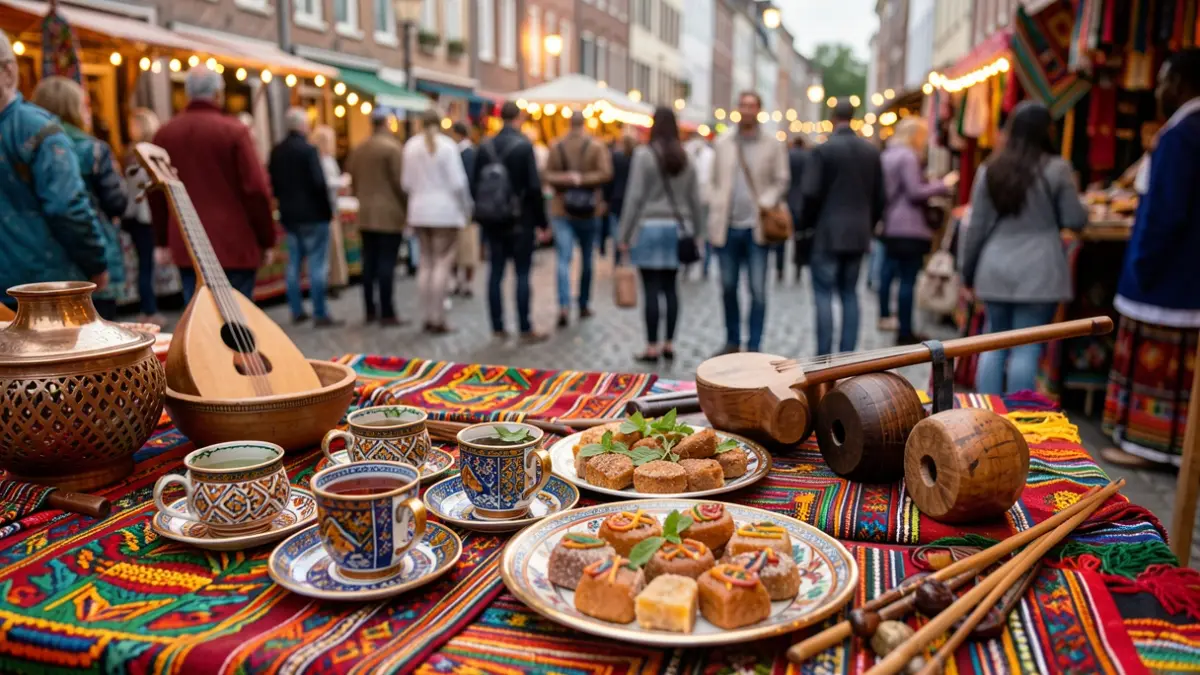 Generieke afbeelding van een cultureel festival met Marokkaanse en Afrikaanse elementen, zoals muntthee, zoetigheden en traditionele kunst. Warme sfeer, geen specifieke personen of tekst.