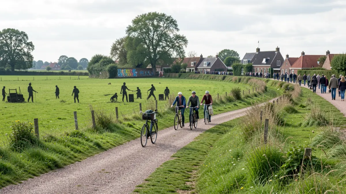 Een fietsroute door een groen landschap met artistieke elementen die verwijzen naar het smokkelverleden.