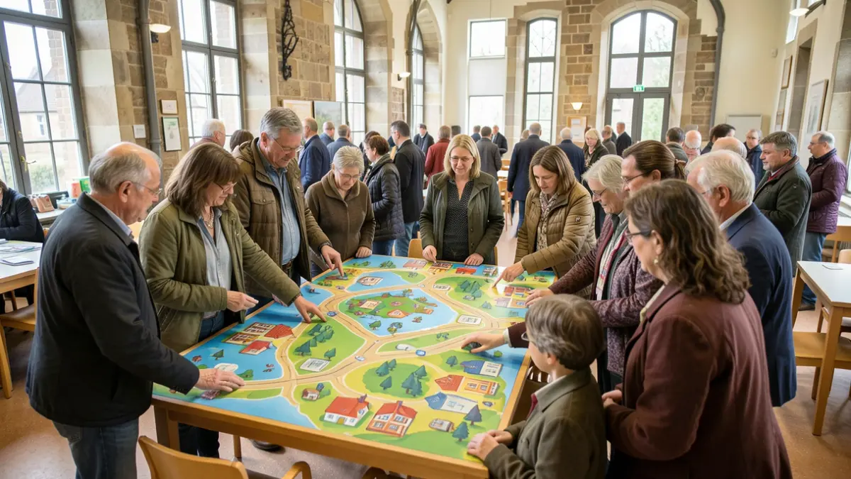 Een groep diverse inwoners speelt een interactief bordspel over de toekomst van hun gemeente.