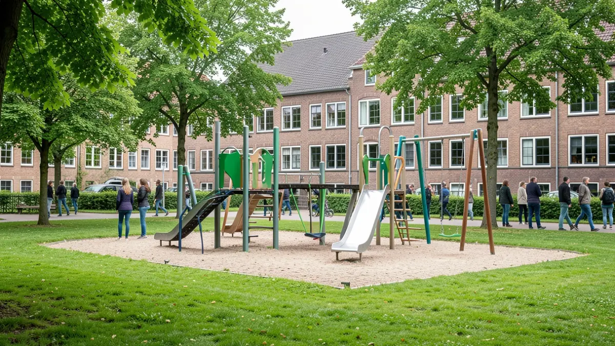Een groene, gedeelde speelplek op de schoolsite De Klinker in Schoonaarde, met speeltoestellen en schoolgebouw op de achtergrond.