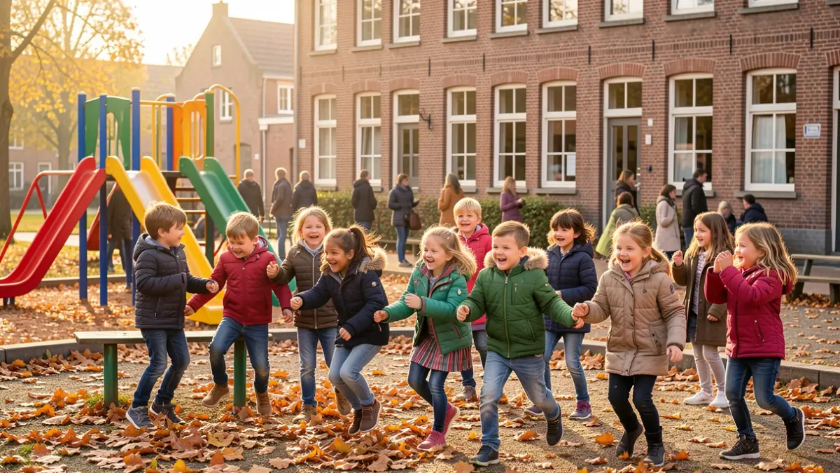 Kinderen spelen op een herfstachtig speelplein voor een Vlaamse school.