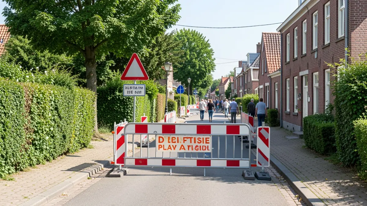 Een straat in een Vlaamse gemeente die is afgesloten als speelstraat met tijdelijke hekken en verkeersborden.