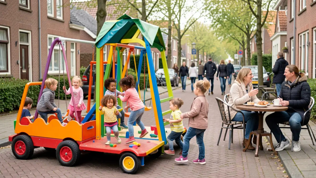 Generic image of a colorful mobile playground in a Flemish residential neighborhood, with playing children and chatting adults in the background.