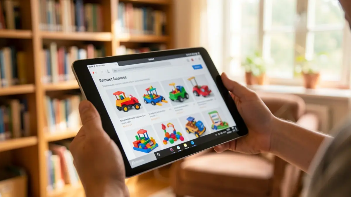 Generieke afbeelding van een hand die een tablet vasthoudt met een digitale catalogus, speelgoed op de achtergrond.