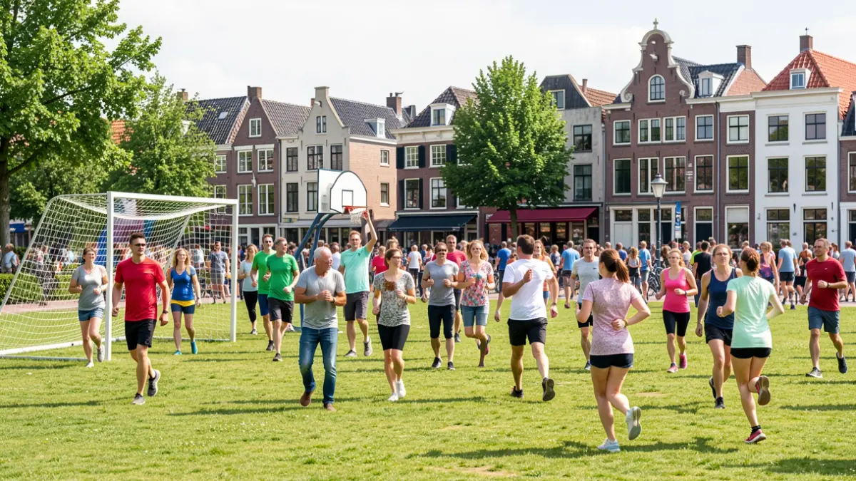 Generic image of a diverse group of people participating in various sports activities in a sunny park in Flanders, with typical Flemish architecture in the background.