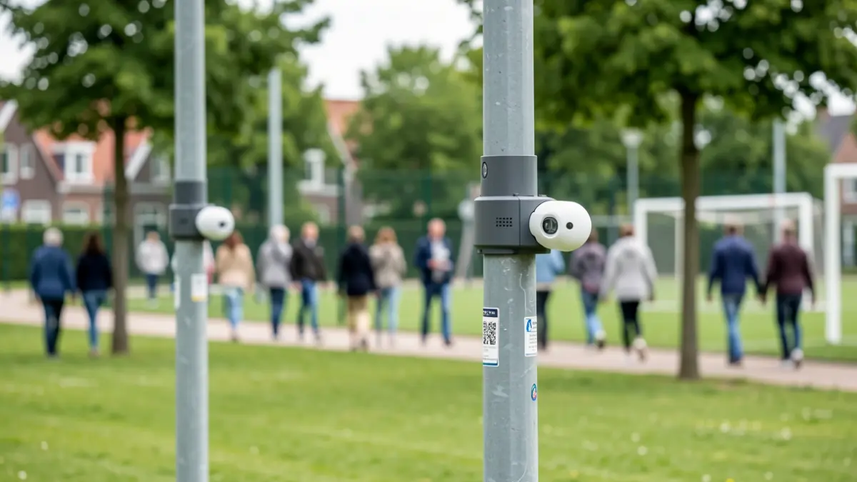 Generic image of innovative radar sensors in a public park, measuring movement patterns without capturing identifiable images. Blurred green spaces and sports facilities are visible in the background.