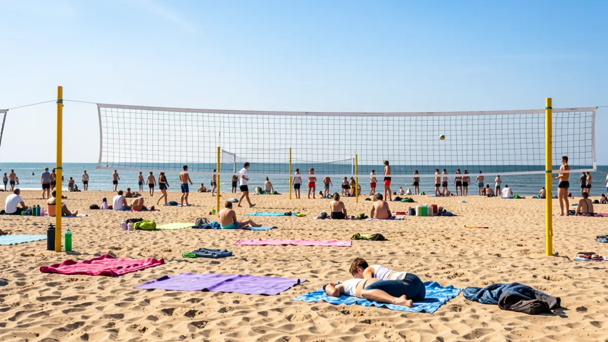Generic image of a sports beach in Flanders with sports equipment on the sand and the sea in the background under a sunny sky.