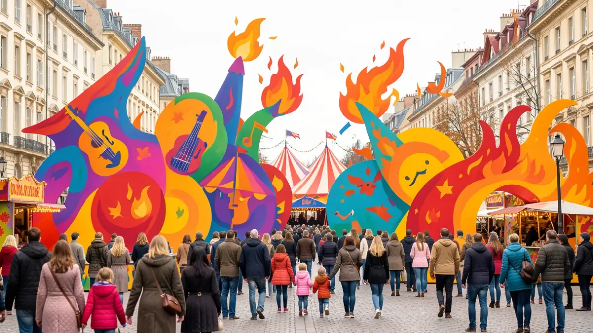 Generieke afbeelding van een kleurrijk festival met abstracte vormen die theater, circus en muziek voorstellen, met herfstkleuren.