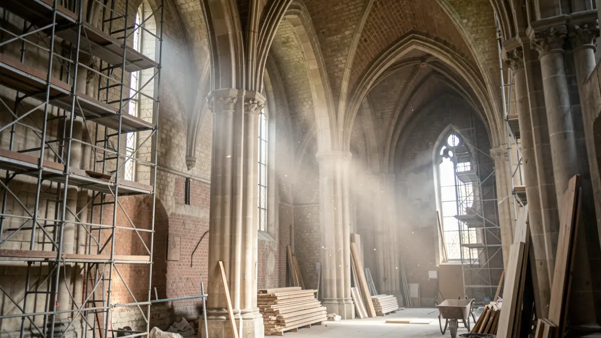 Generic image of the interior of a historic church in Flanders with scaffolding and construction materials, illuminated by shafts of light highlighting dust motes.