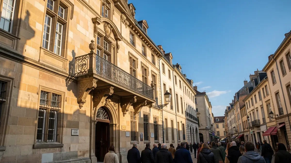 Generieke afbeelding van de gevel van een Vlaams stadhuis met een sierlijke balkon en ijzeren balustrade, in warm middaglicht.