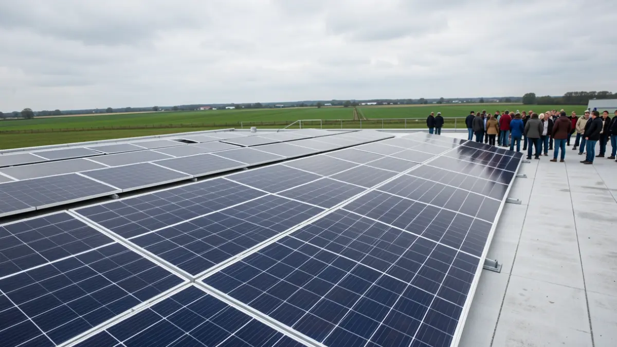 Generic image of solar panels on an industrial rooftop in Flanders, with green fields in the background under an overcast sky.