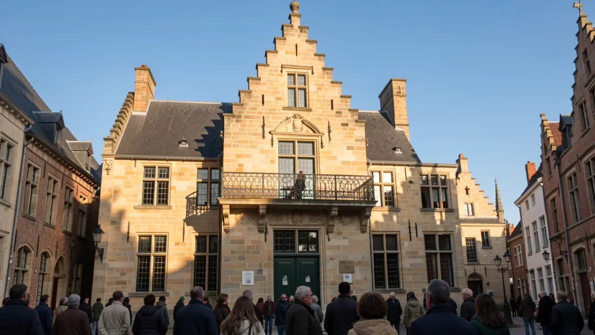 Generic image of a Flemish town hall facade with an ornate balcony and iron railings, warm afternoon sunlight casting shadows on the sandstone walls, blue sky, in the style of documentary photography. The building should feature characteristic Flemish architecture such as a belfry or stepped gable.