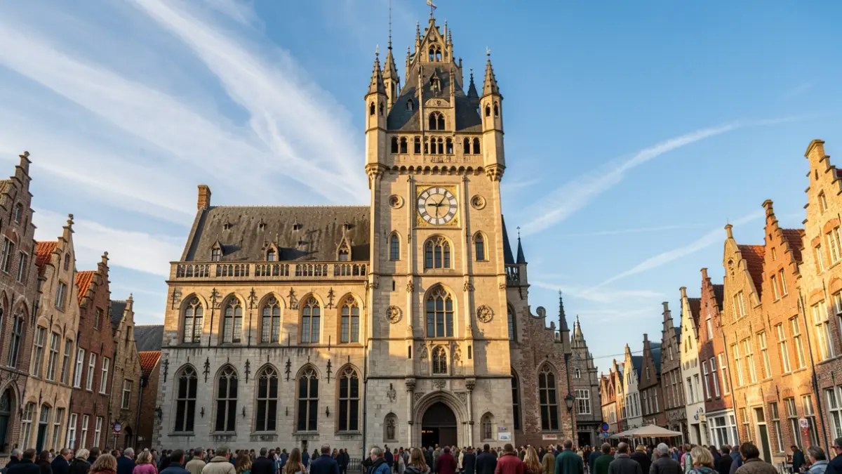 Generic image: belgium, with ornate medieval architecture and a clock, in warm afternoon light.