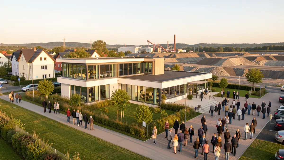 Generic image of a community center with green spaces, located between residential areas and a former industrial site.