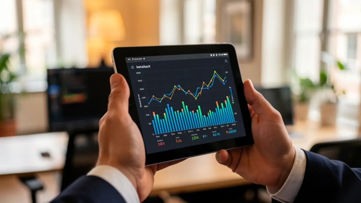 Generieke afbeelding van een hand die een tablet vasthoudt met energieverbruiksdiagrammen, met een wazige kantoorachtergrond.