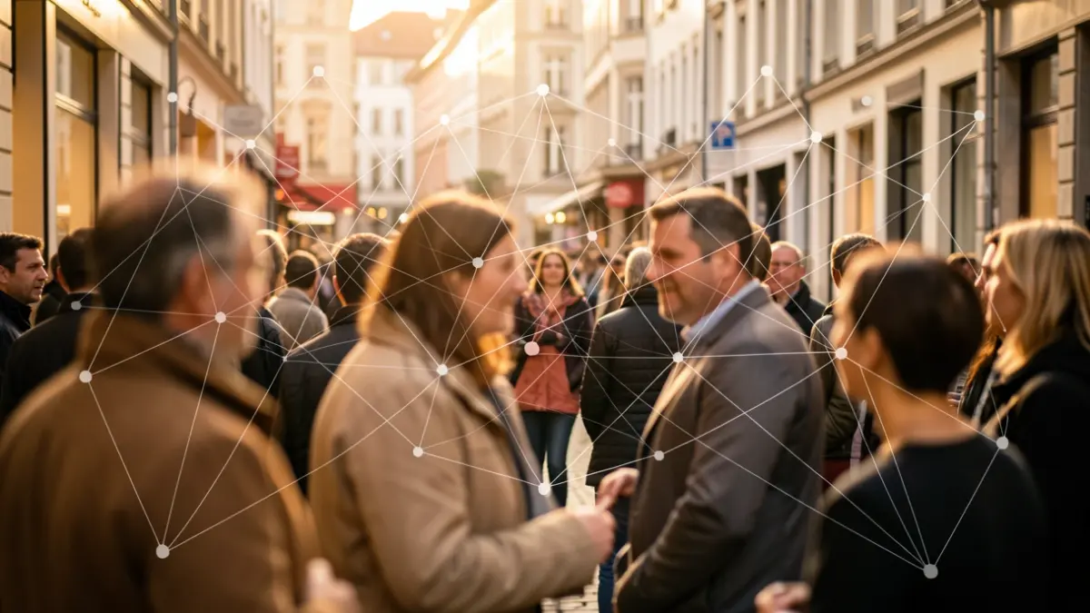 Abstracte afbeelding van verbondenheid en dialoog met vage figuren en netwerkelementen.