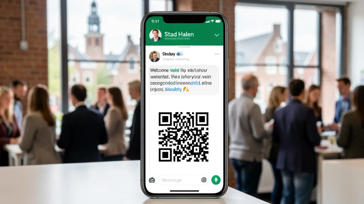 Een smartphone met het WhatsApp-chatvenster van Stad Halen, inclusief QR-code en welkomstbericht. Op de achtergrond is een vage Vlaamse stadsarchitectuur te zien.
