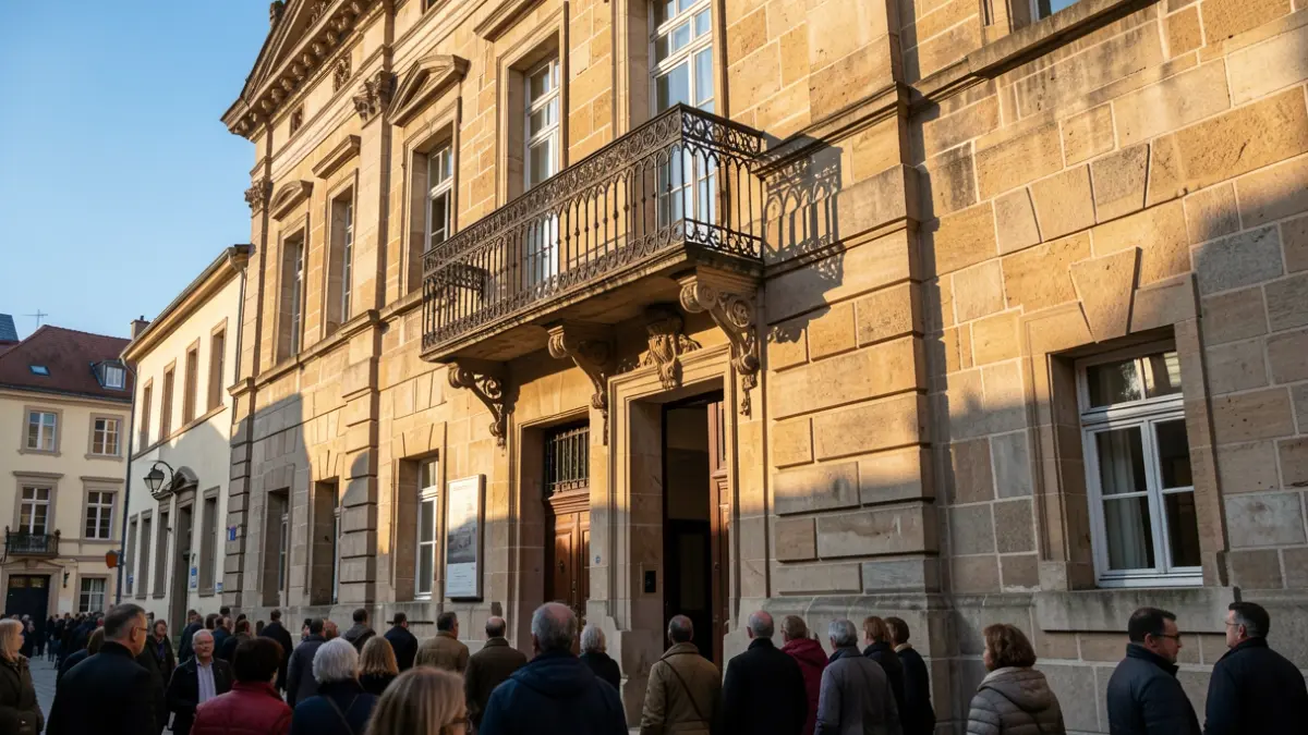 Generieke afbeelding van een stadhuis met balkon in de zon.