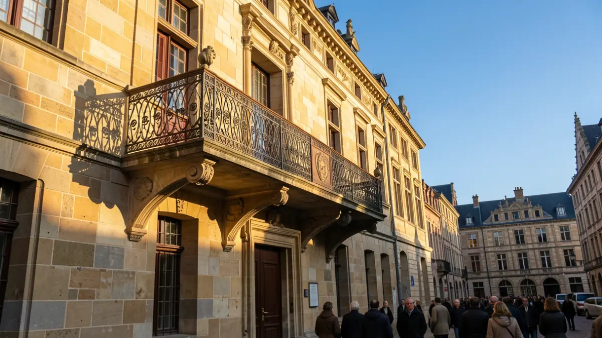 Generic image of the facade of a traditional Flemish town hall with an ornate balcony and iron railings, bathed in warm afternoon sunlight casting distinct shadows on the sandstone walls, clear blue sky, documentary photography style.