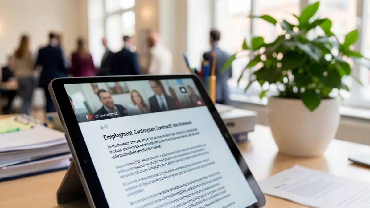 Generic image of a tablet screen displaying an informational video about employment contracts, with blurred office supplies and a plant in the background.