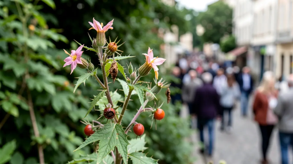 Generieke afbeelding van een giftige plant met bloemen en vruchten, mogelijk doornappel, met neutrale achtergrond.