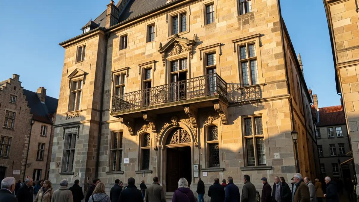 Generic image of the facade of a historic Flemish town hall with an ornate balcony and iron railings, bathed in warm afternoon sunlight casting long shadows on the sandstone walls, clear blue sky.