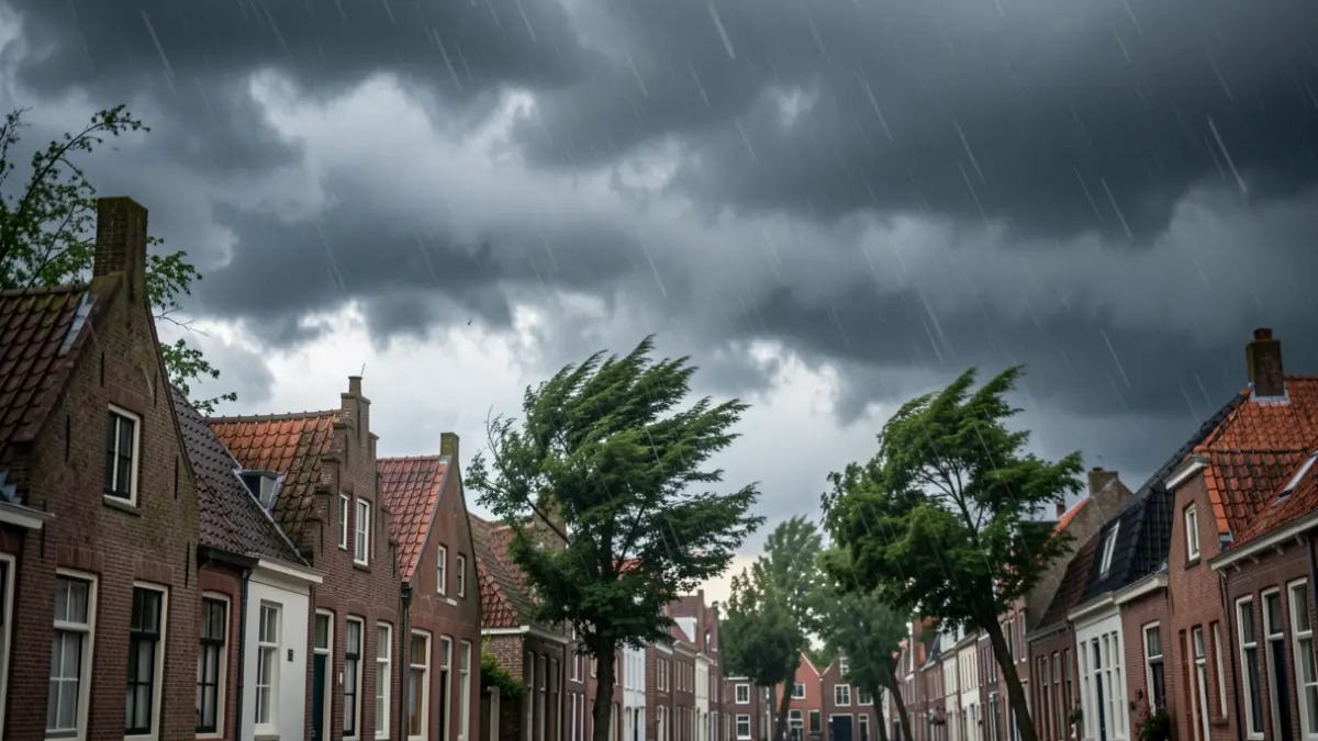 Generic image of a stormy sky over a Flemish town with traditional architecture, dark clouds, and heavy rain.