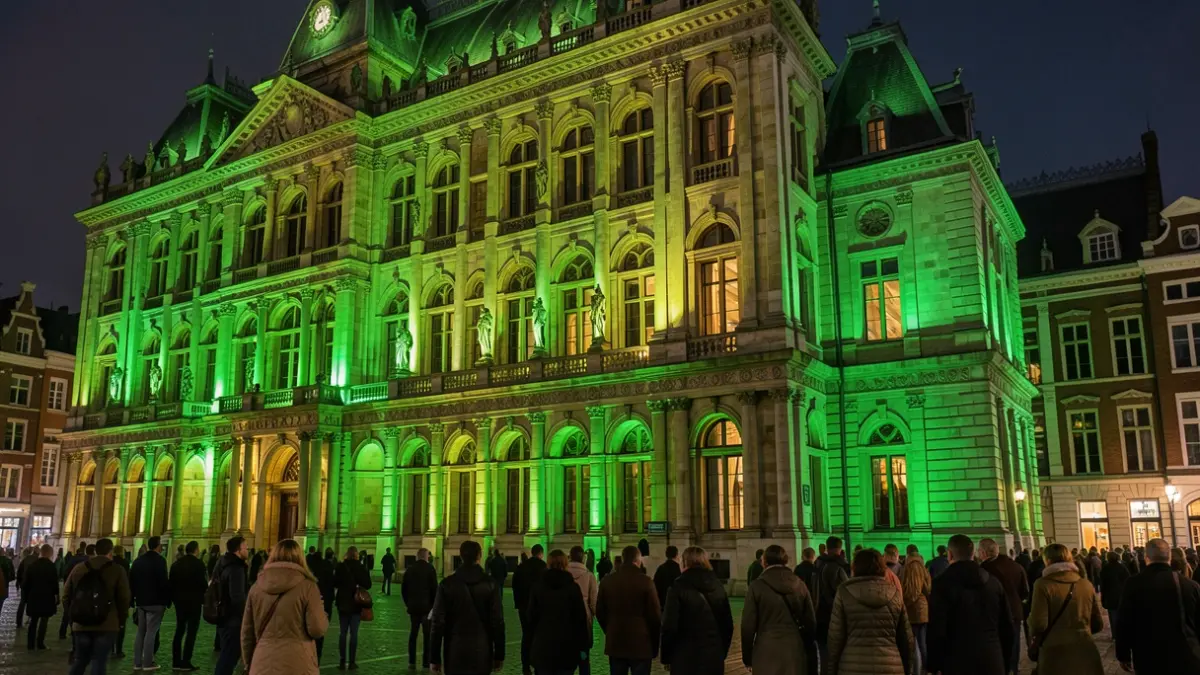 The green-lit Antwerp City Hall at night, symbolizing World Cerebral Palsy Day.