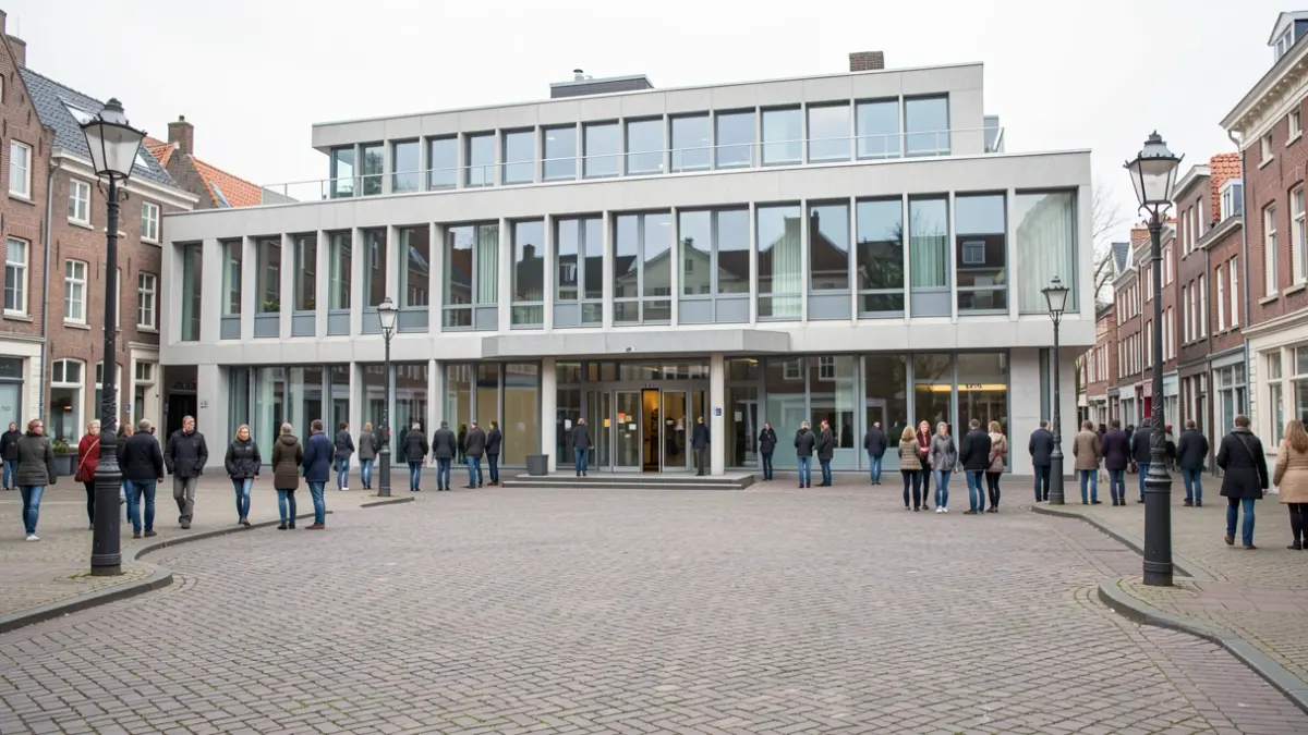 Moderne gemeentelijke gebouw met grote ramen en een uitnodigende ingang, gelegen op een Vlaams dorpsplein met kasseien en straatverlichting, zacht daglicht, documentaire stijl.