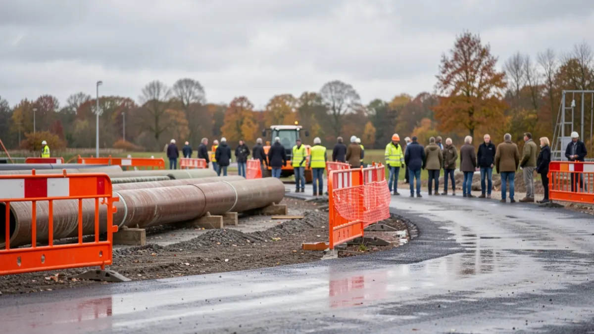 Generieke afbeelding van een bouwplaats in Vlaanderen met oranje veiligheidsbarrières en nat asfalt.