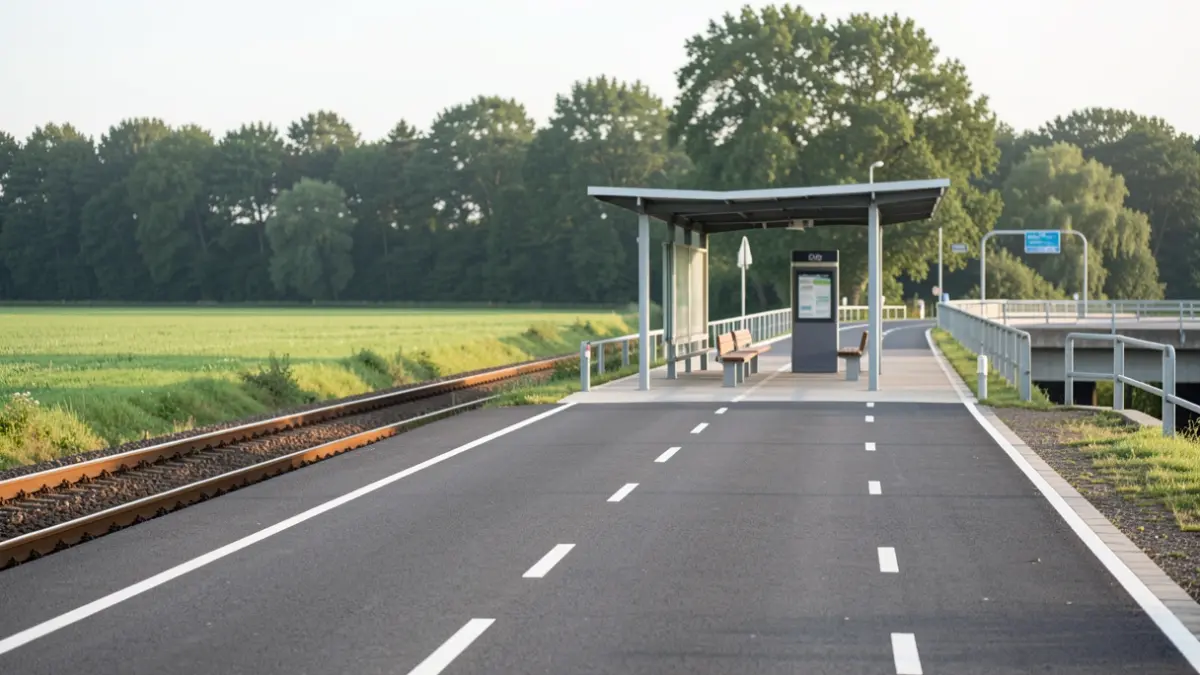 Construction of the new F25 cycle highway in Aarschot, alongside railway tracks, featuring a rest area and bike parking.