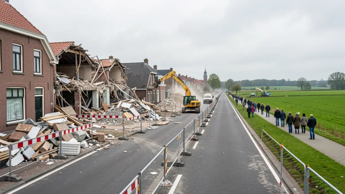 Afbraakwerken van oude gebouwen langs een brede weg in Vlaanderen, met bouwhekken en machines. De sloop gebeurt gefaseerd met zorgvuldige ontmanteling en focus op materiaalhergebruik. Op de achtergrond wordt een bloemenweide voorbereid. Documentaire stijl, bewolkte hemel.