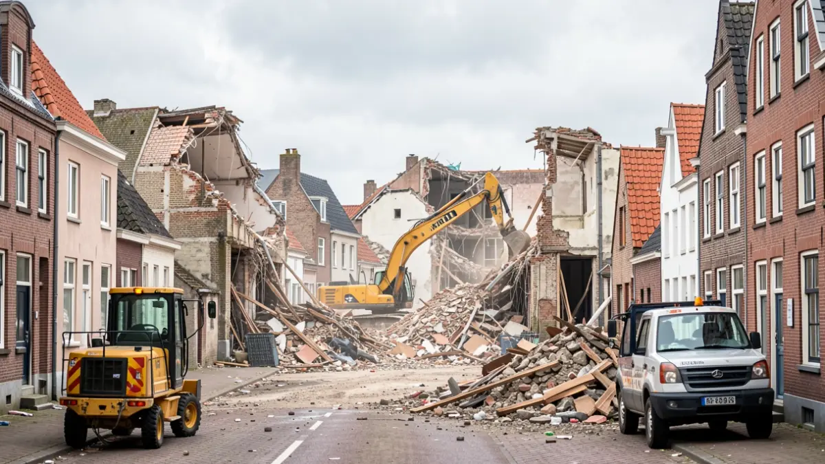 Generieke afbeelding van sloopwerken in een Vlaamse stad met bouwmachines en puin, bij bewolkt weer.