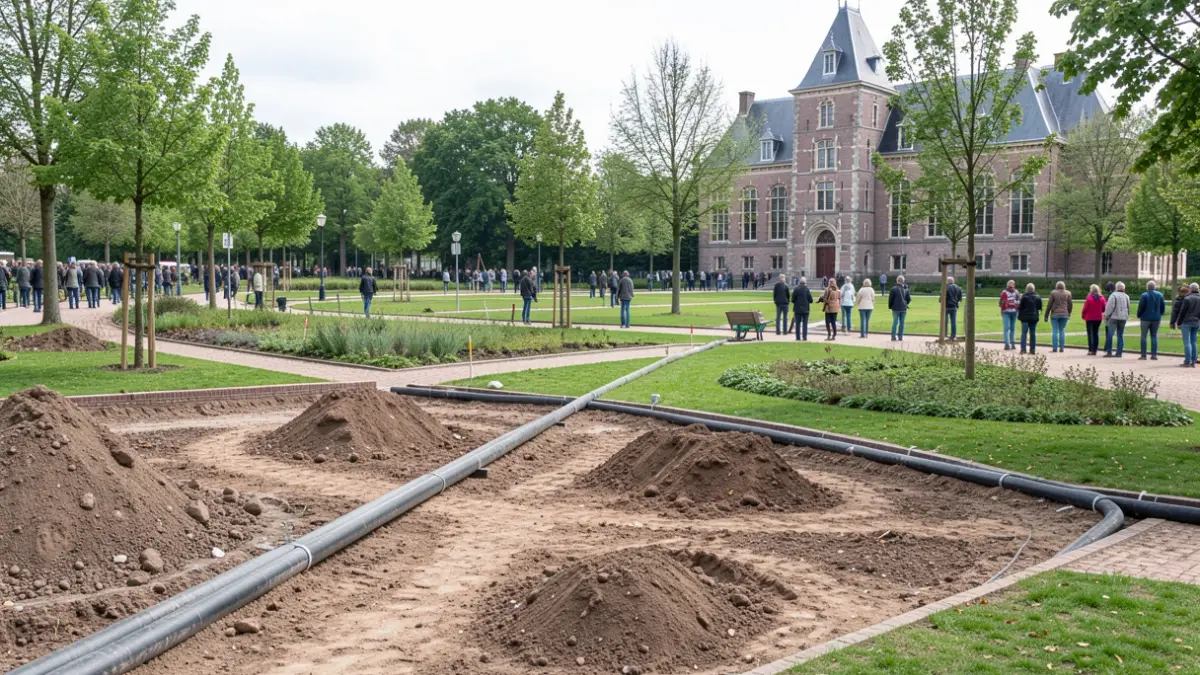 Werkzaamheden voor de aanleg van het Ypermanpark in Ieper, met focus op de natuurlijke elementen en historische verwijzingen.