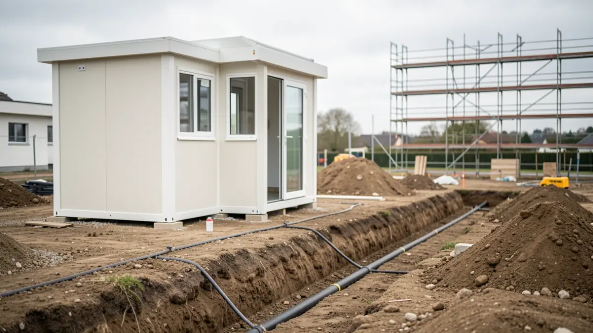 Generieke afbeelding van een bouwplaats met een tijdelijke werfcabine en gegraven sleuven voor nutsvoorzieningen.