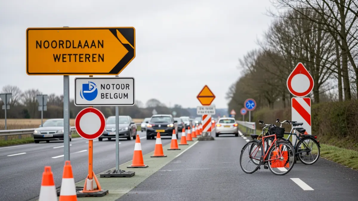 Wegwerkzaamheden op de Noordlaan in Wetteren met omleidingsborden voor gemotoriseerd verkeer en fietsers. Oranje kegels en barrières zijn zichtbaar onder een bewolkte hemel.