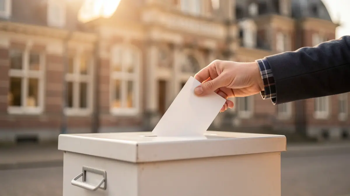 A close-up of a ballot box with a hand dropping a vote into it, set against a blurred background of the Vlaanderen town hall facade. Warm, soft lighting.