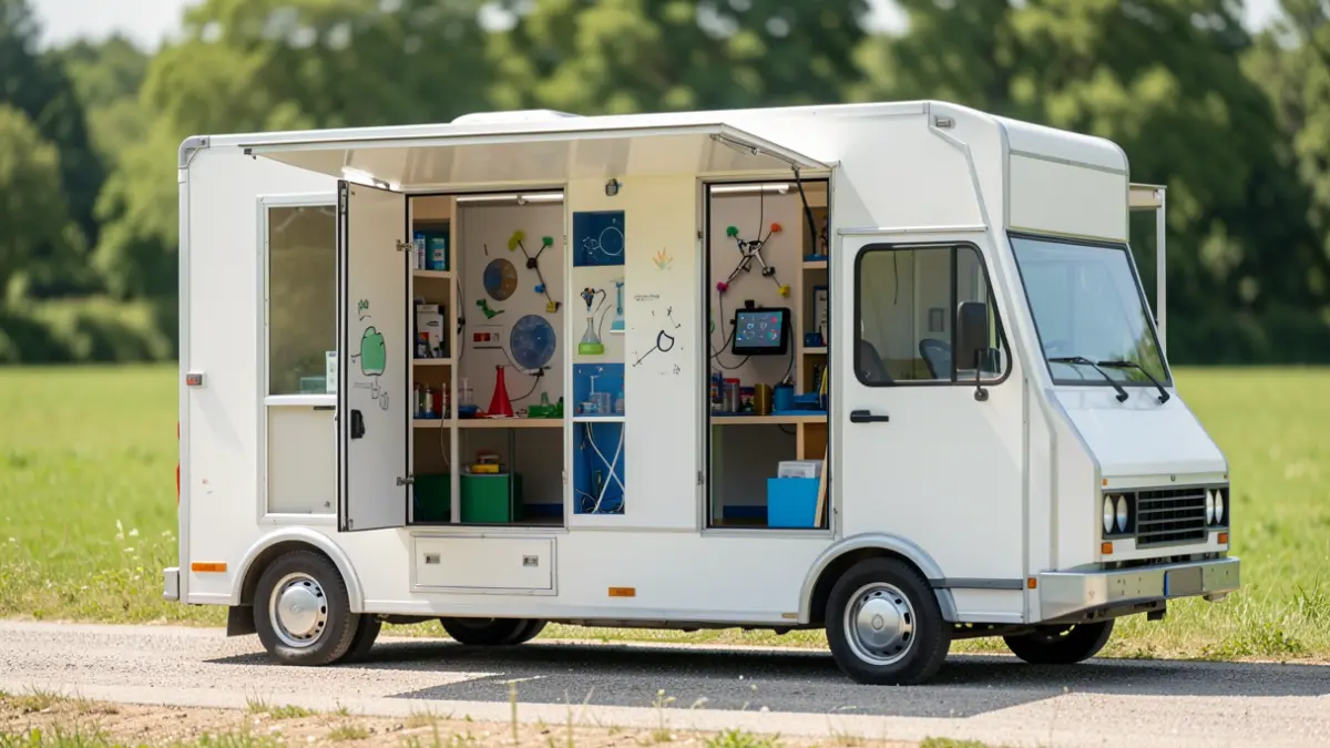 Generic image of a mobile STEM truck with interactive science demonstrations, parked in a sunny outdoor setting.