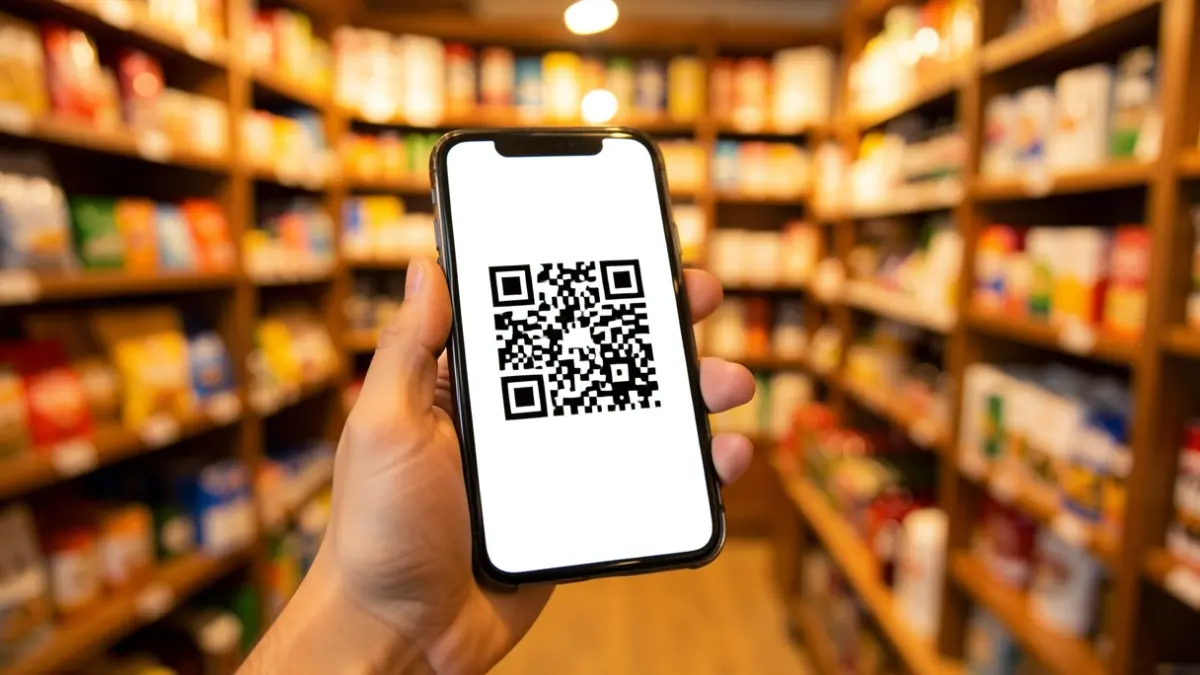 Generieke afbeelding van een hand die een smartphone vasthoudt met een QR-code, met een wazige winkelachtergrond.