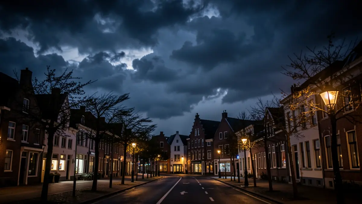 Generieke afbeelding van een stormachtige nacht in een Vlaamse stad met straatverlichting aan, dramatische wolken en winderige bomen.
