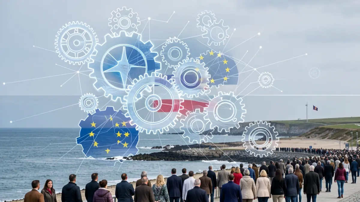 Generic image: featuring gears and subtle European motifs against a North Sea coastline.