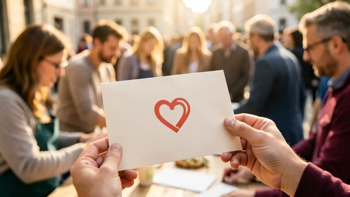 A hand holding a donation envelope with a heart symbol, with a blurred group of people collaborating in the background.