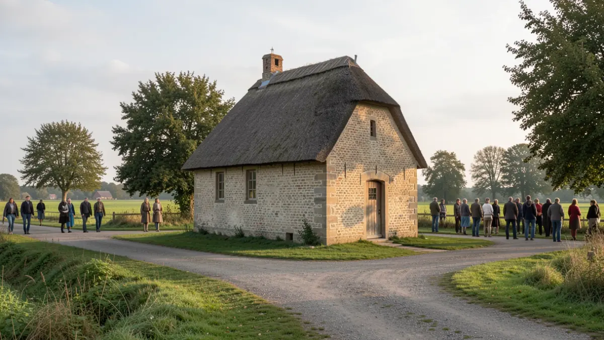 Generieke afbeelding van een historische kapel met strooien dak op een kruispunt in een Vlaams landschap.