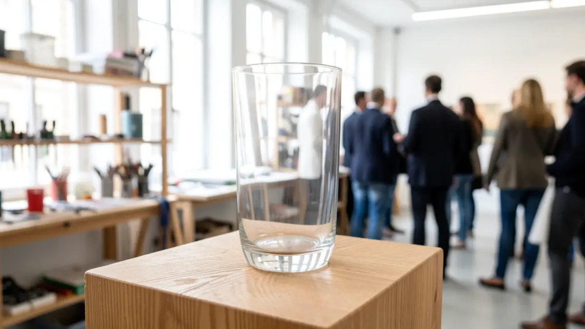 Generieke afbeelding van een glazen object in een artistieke tentoonstellingsruimte.