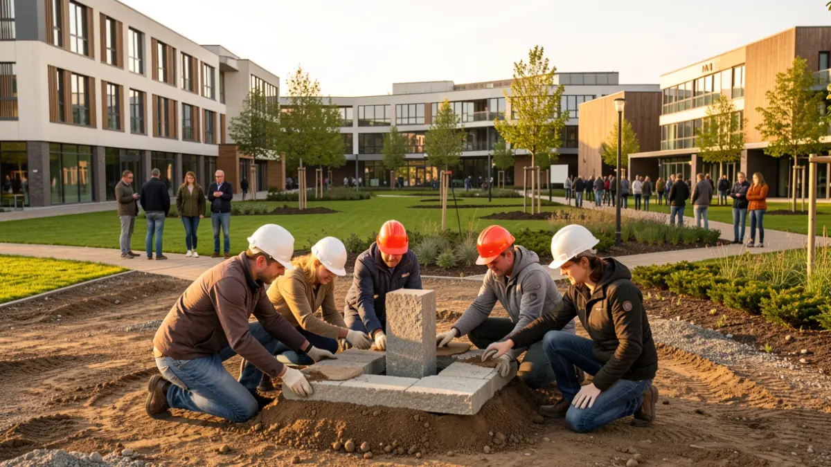 Eerste steenlegging voor nieuwe campus van Thomas More in Geel, met studenten en burgemeester.