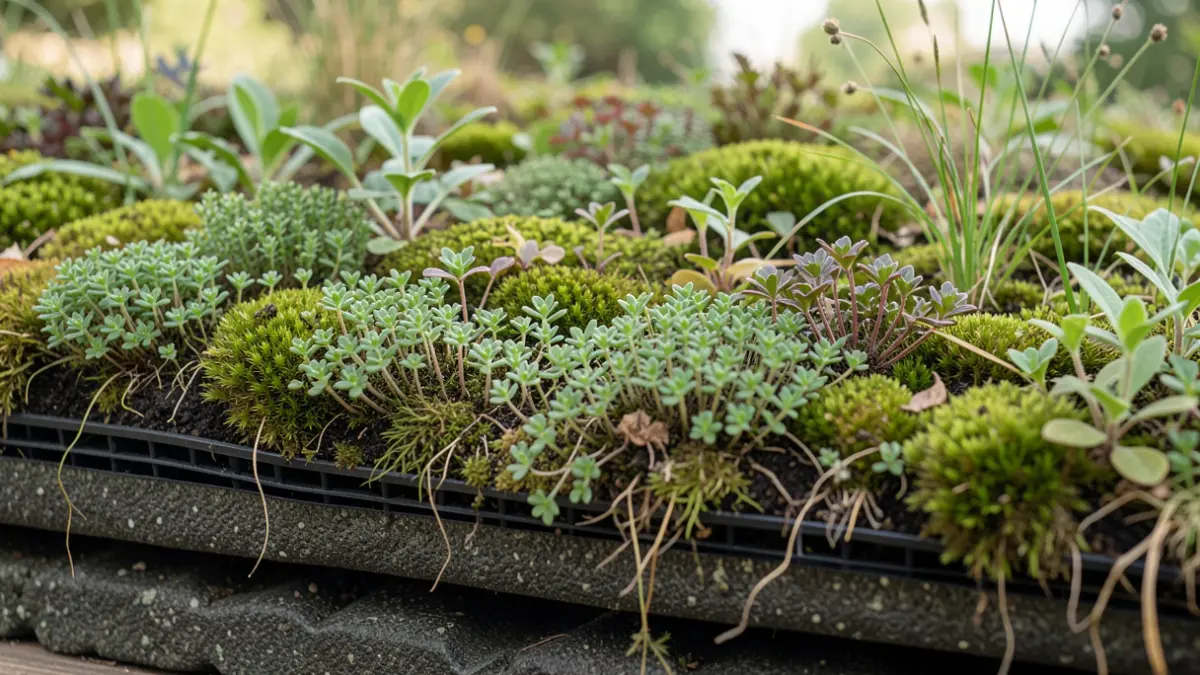 Generic image of a green roof with various plants and moss, showing a section of the drainage layer. Soft, diffused daylight.