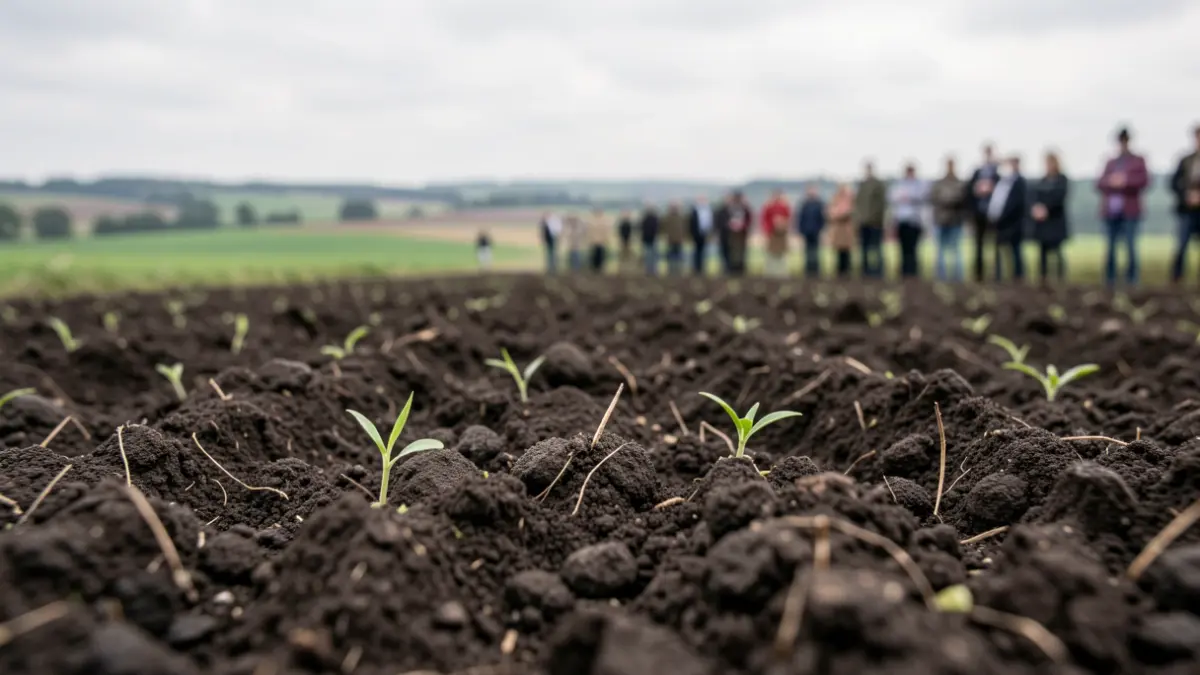 Generieke afbeelding van gezonde, donkere landbouwgrond met enkele groene spruiten. Op de achtergrond een wazig Vlaams landschap met akkers onder een zachte, bewolkte hemel.