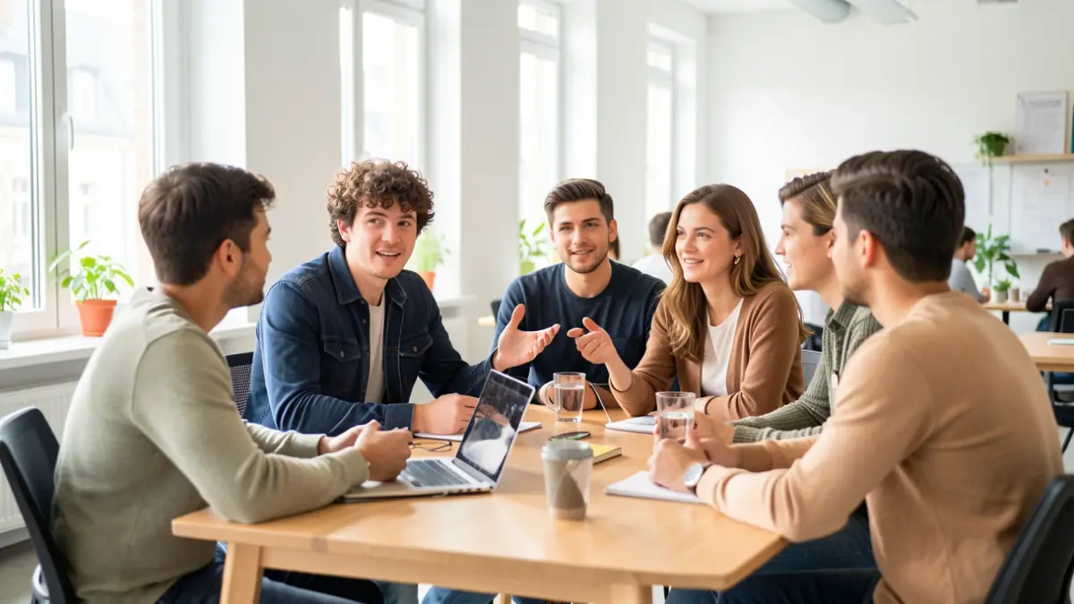 Generic image of a group of young people actively participating in a guidance discussion in a modern space.