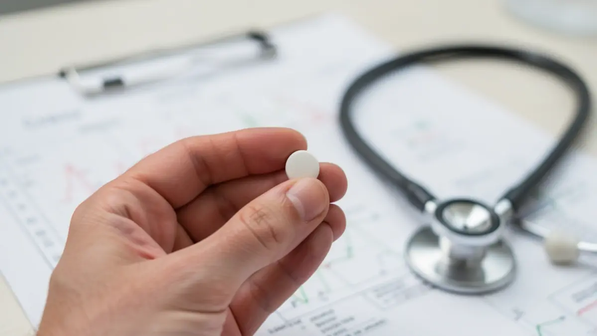 Generieke afbeelding van een hand die een kleine, witte pil vasthoudt tegen een wazige achtergrond van medische dossiers en een stethoscoop, zachte, neutrale belichting, geringe scherptediepte.